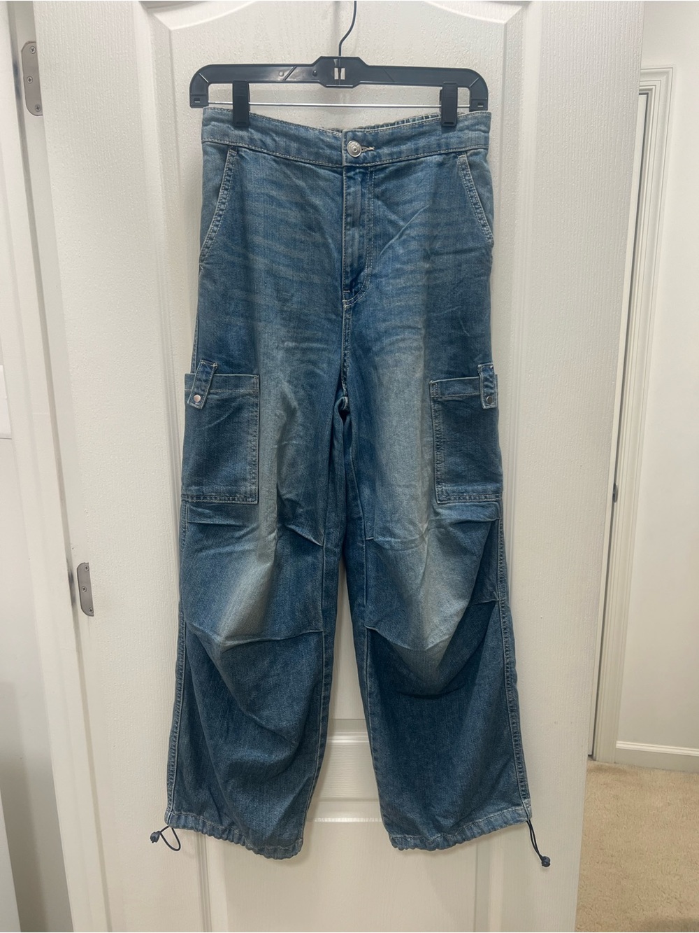 H&M Wide Leg Baggy Cargo Denim Pants with Drawstring Leg NWT